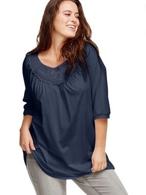 Ellos Navy Blue Crochet Trim Tunic Blouse - Plus Size 2X (26/28) - Boho Peasan